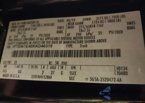 2019 Ford F-150 Xlt из США, поврежденный, VIN 1FTEW1E40KKD46319